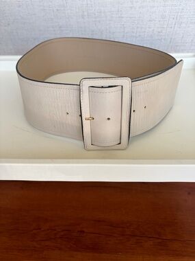 Rene Lezard Latrice Wide Cream Leather Waist Belt with Covered Buckle
